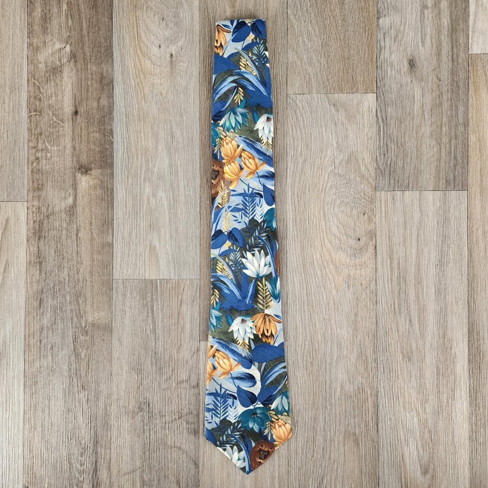 Vintage Jaeger Men's Silk Tie Blue Green Floral Lion Print Made in Great Britain
